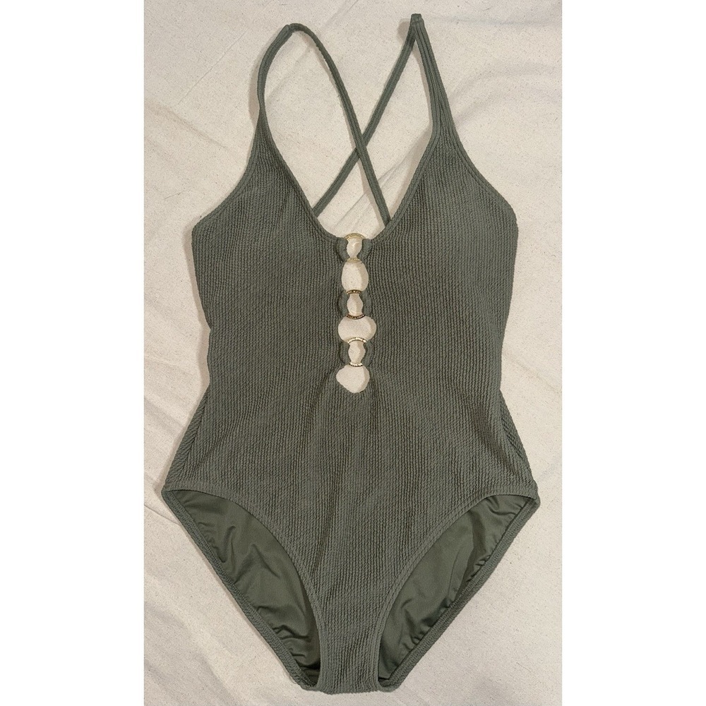 Michael Kors Women's Sz 14 Gold Ring One Piece Green Sage Ribbed Swimsuit Swim